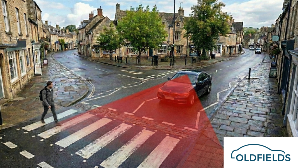 Diagram showing incorrectly aligned vehicle safety sensors with beam deviating.